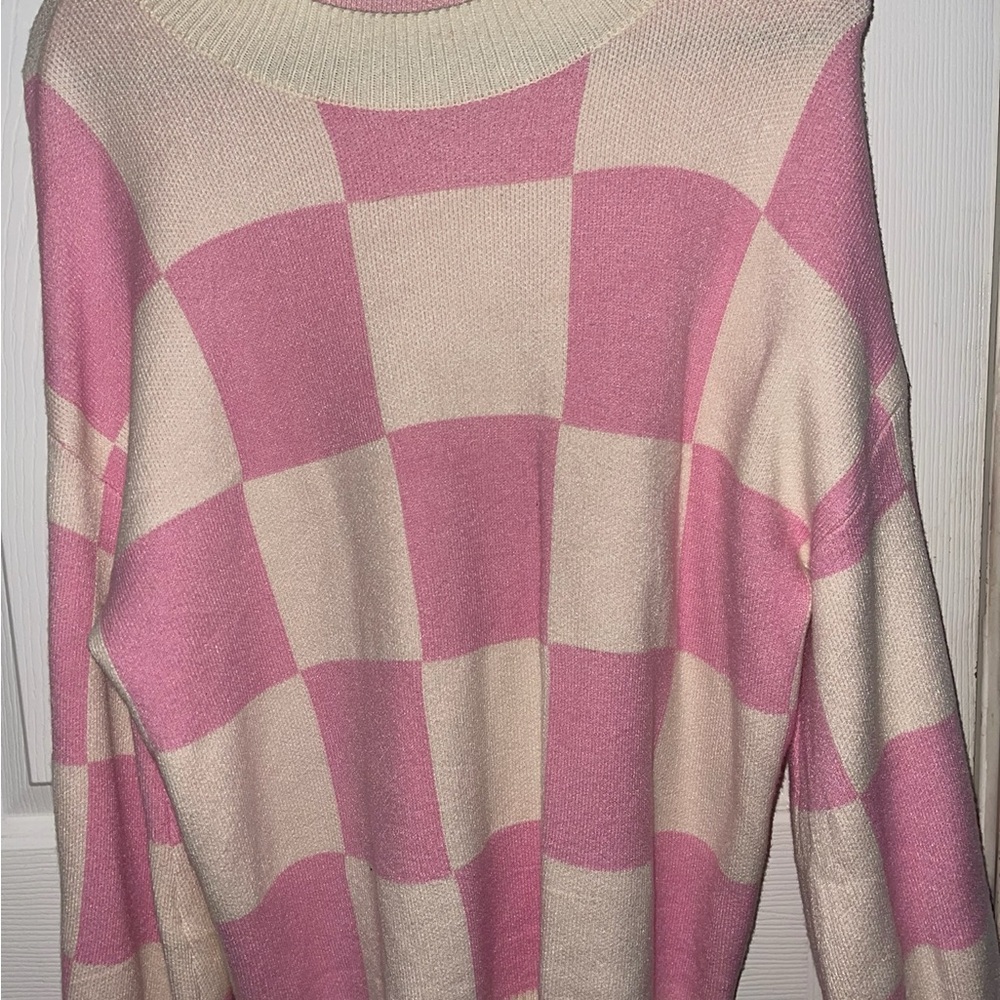 Pink and Cream Checkered Women's Sweater